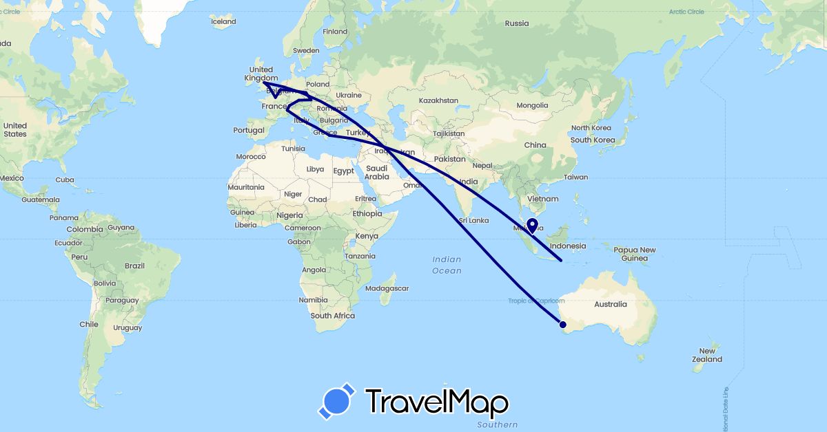 TravelMap itinerary: driving in United Arab Emirates, Austria, Australia, Belgium, Switzerland, Czech Republic, Germany, France, United Kingdom, Greece, Indonesia, Italy, Singapore (Asia, Europe, Oceania)